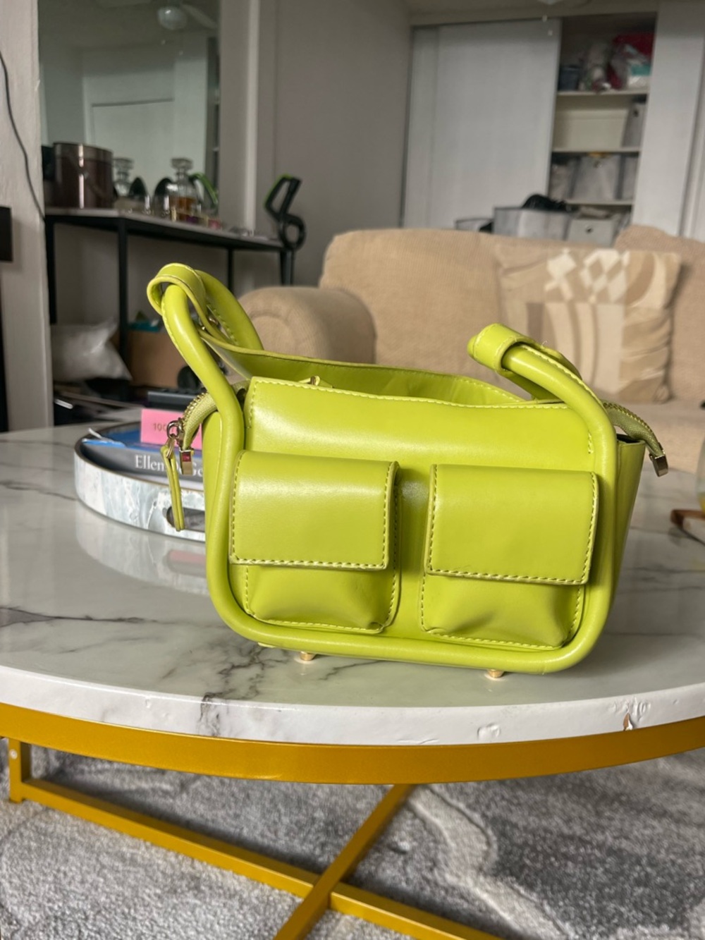 SHEIN Lime Green Mini Shoulder Bag Dual Pocket Baguette Y2K Gold Hardware